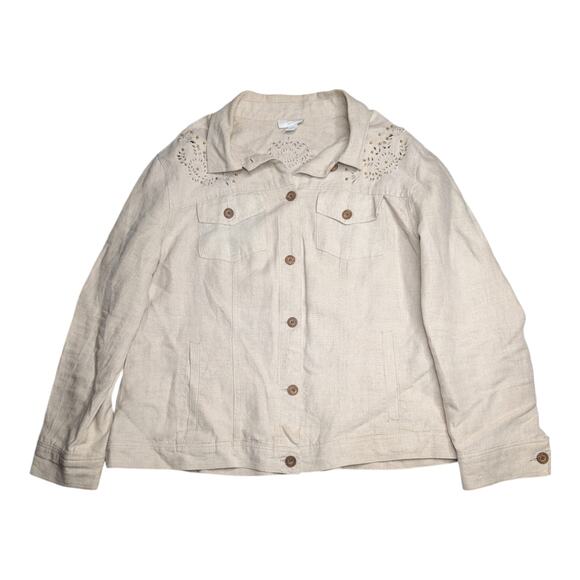 Vtg Y2K Charter Club Beige 100% Linen Embellished Button Up Shirt Jacket 2X - Picture 1 of 6